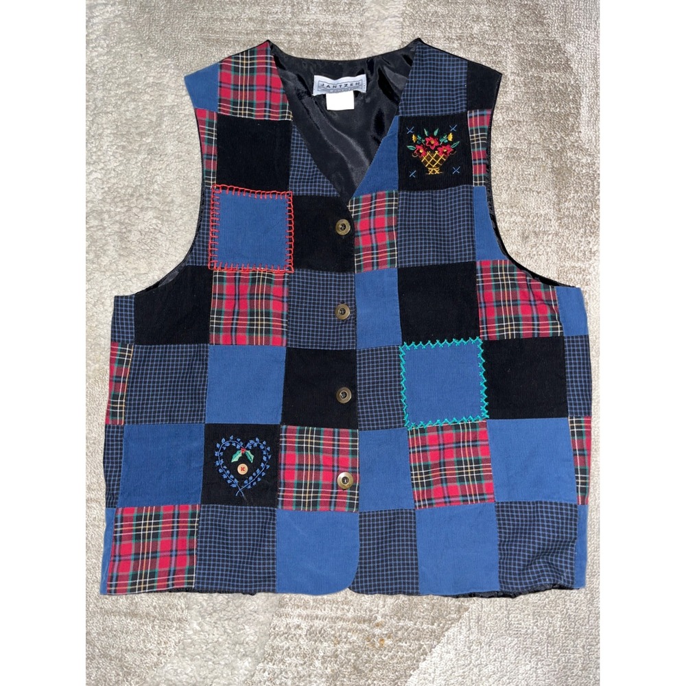 Jantzen Classics Vintage Patchwork Vest Plaid Corduroy Embroidered Blue Red XL